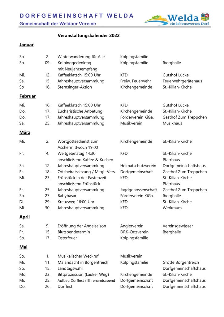 Welda Veranstaltungskalender 2022 S1