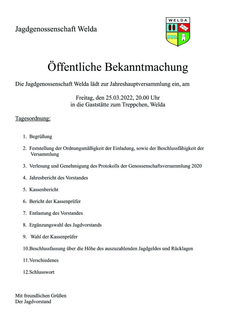 Einladung Jagdgenossenschaft 2022